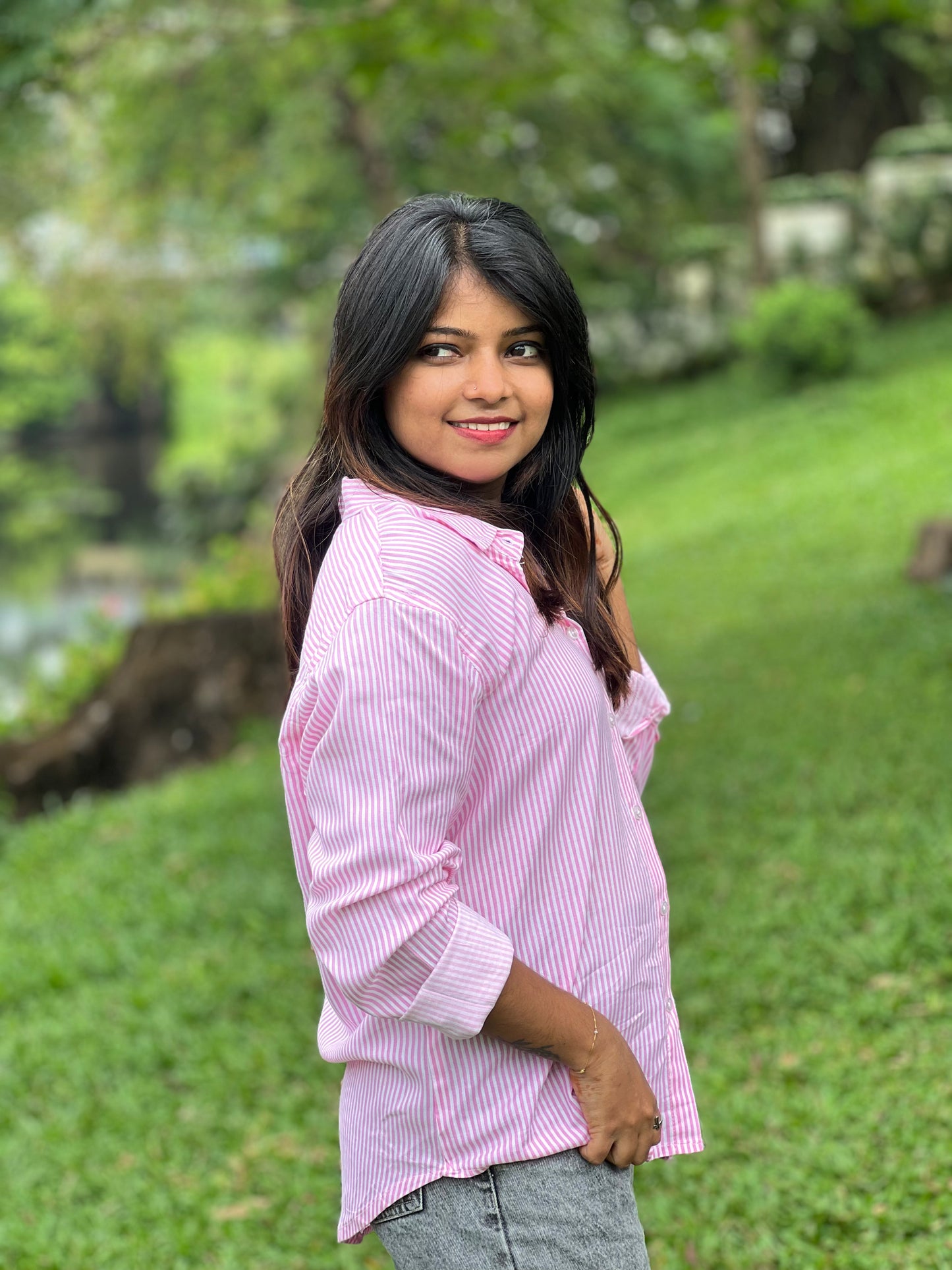 Women’s Pink & White Striped Cotton Shirt – Casual Stylish Top for Ladies