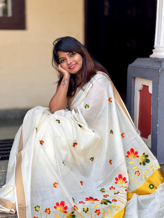 Cotton Embroidery Set Saree – Elegant Lightweight Traditional Wear for Women