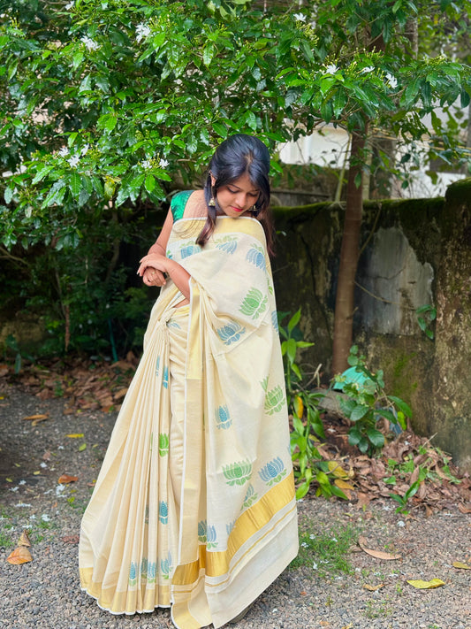 Lotus Printed Golden Tissue Saree – Elegant Traditional Wear for Women