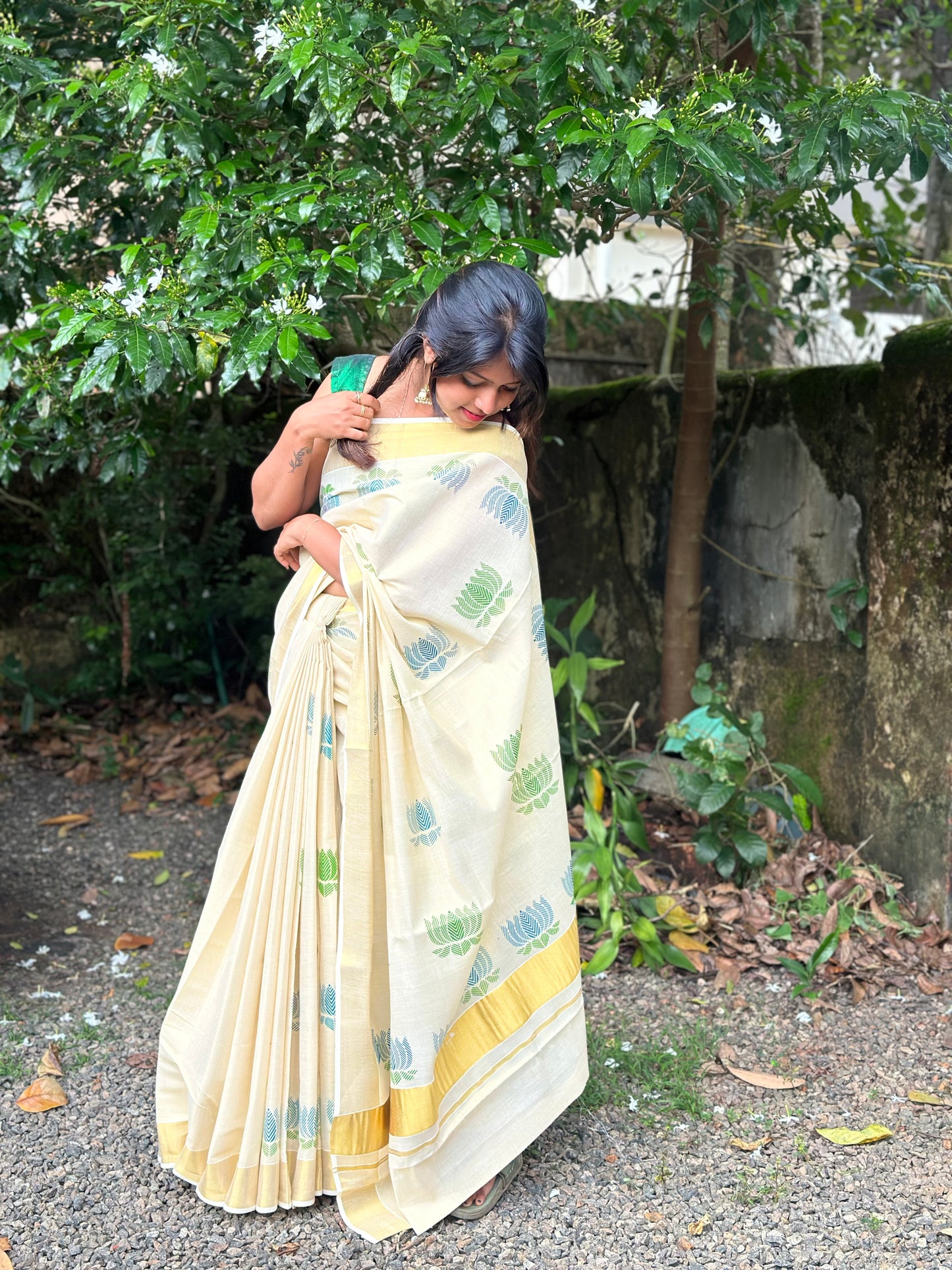 Lotus Printed Golden Tissue Saree – Elegant Traditional Wear for Women