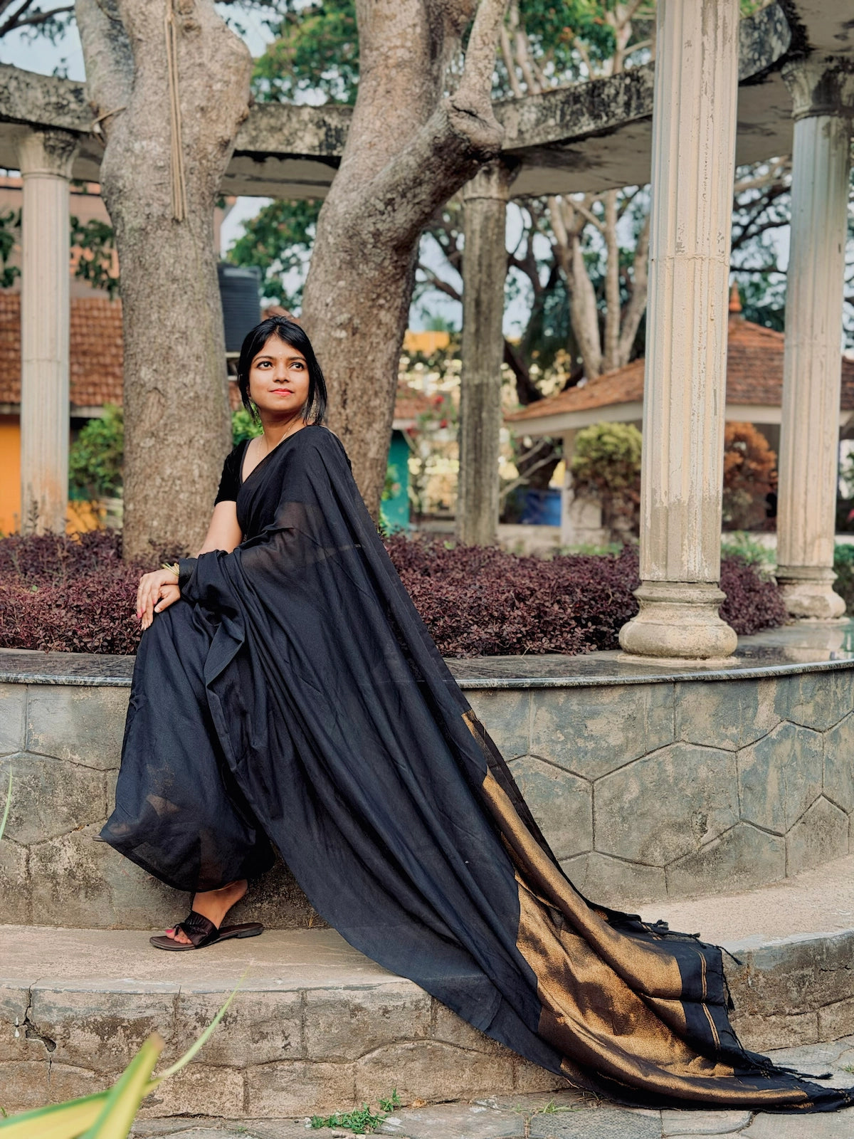 Nayantara Inspired Black Khadi Cotton Saree with Golden Border