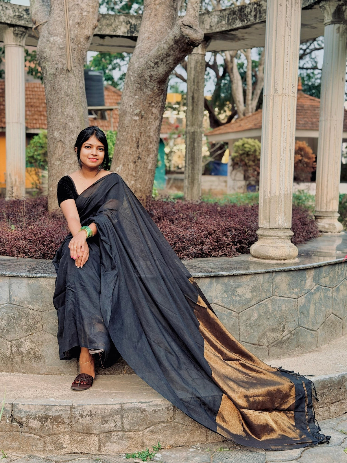 Nayantara Inspired Black Khadi Cotton Saree with Golden Border