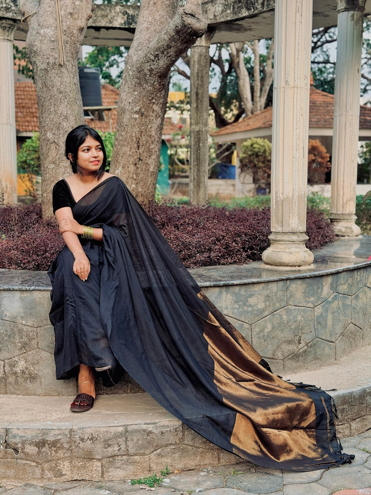 Nayantara Inspired Black Khadi Cotton Saree with Golden Border