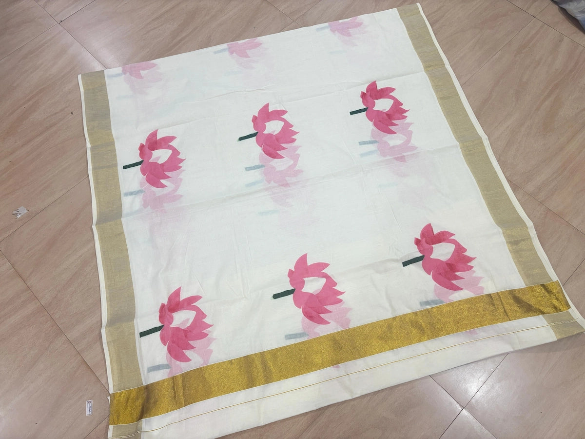 Lotus Printed Cotton Saree