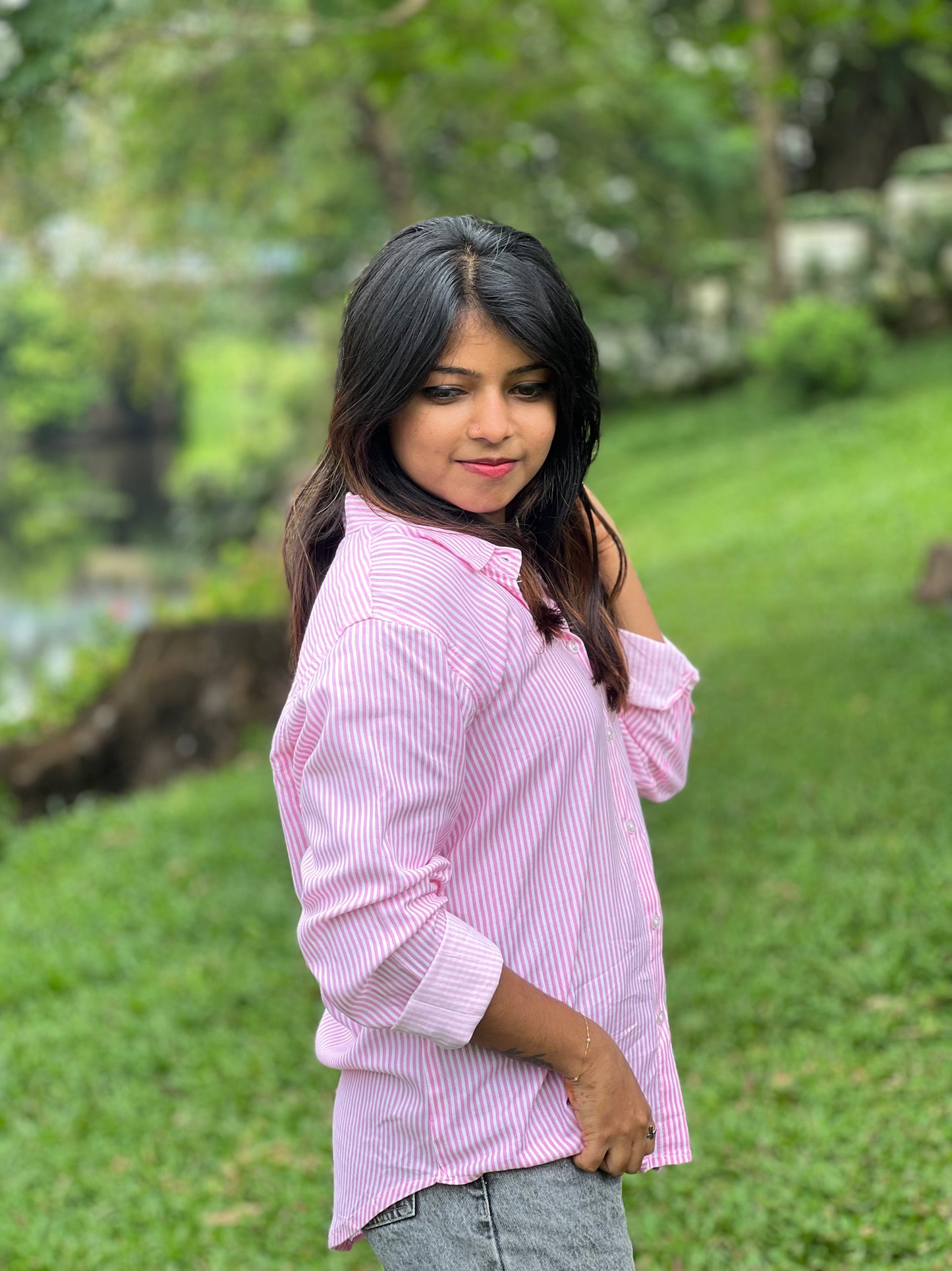 Women’s Pink & White Striped Cotton Shirt – Casual Stylish Top for Ladies