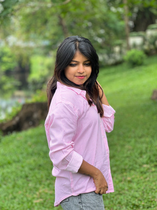 Women’s Pink & White Striped Cotton Shirt – Casual Stylish Top for Ladies
