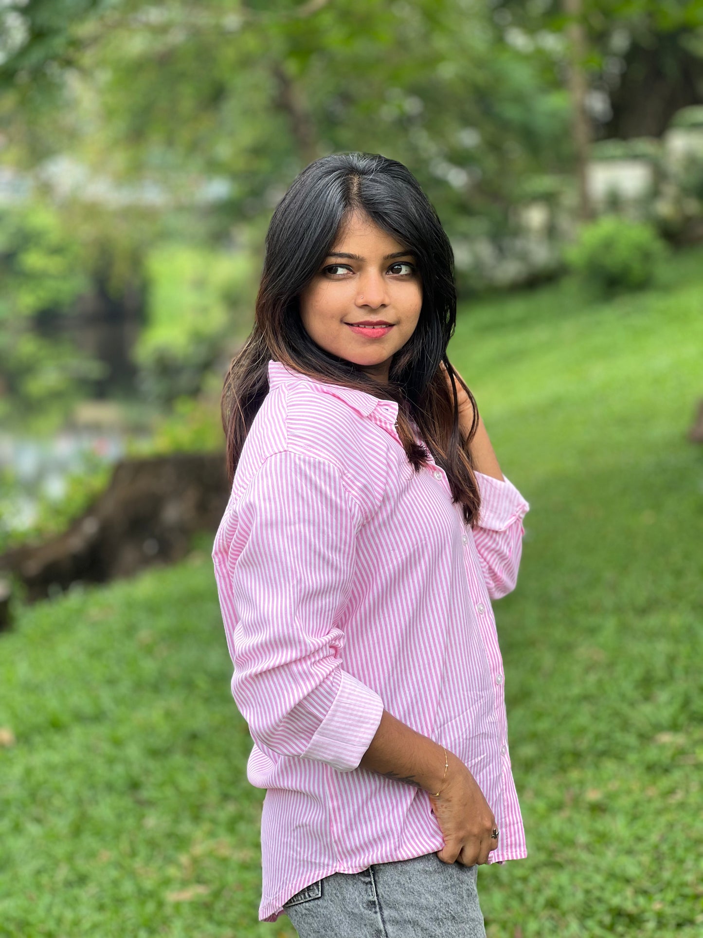Women’s Pink & White Striped Cotton Shirt – Casual Stylish Top for Ladies