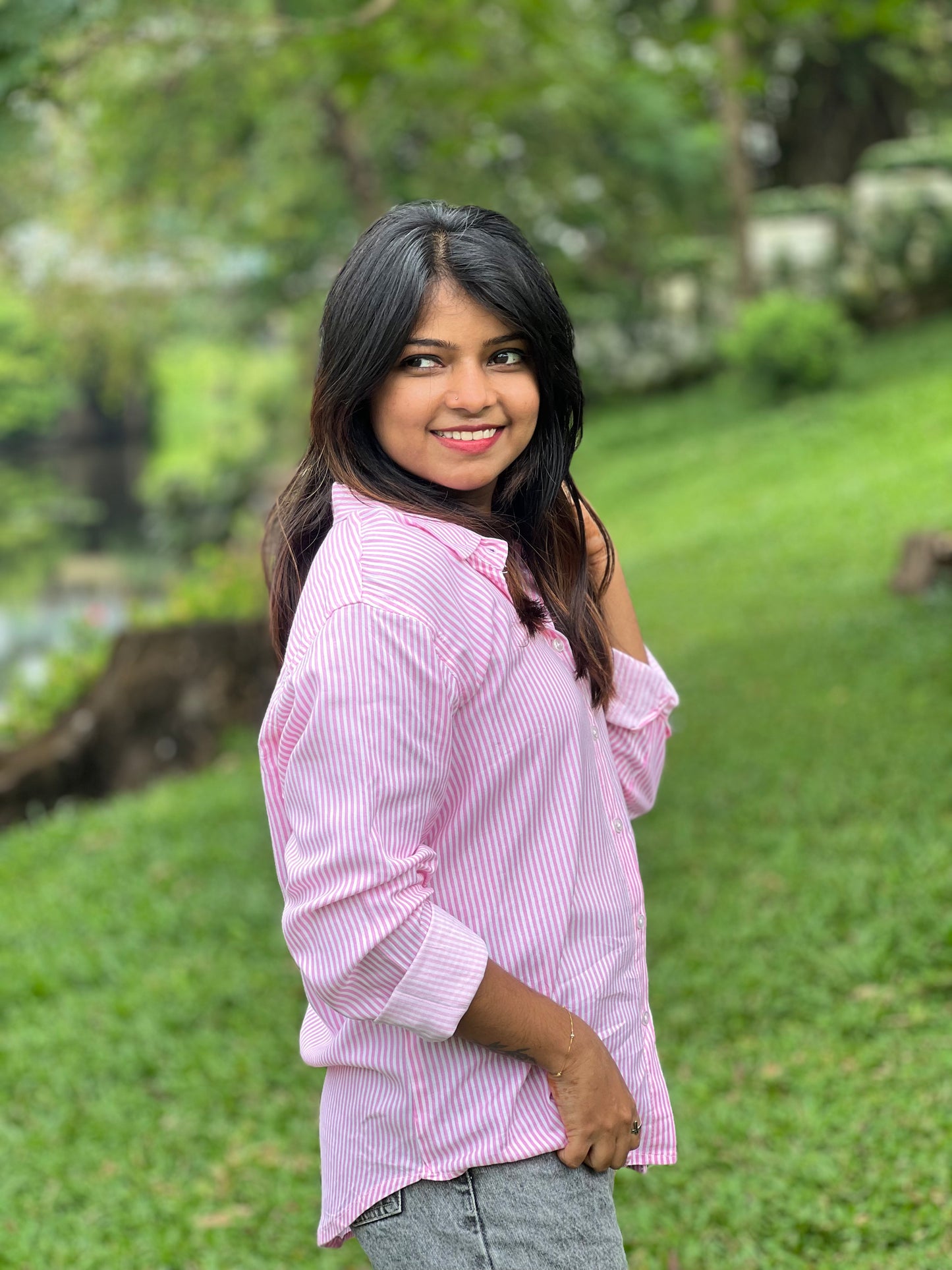 Women’s Pink & White Striped Cotton Shirt – Casual Stylish Top for Ladies