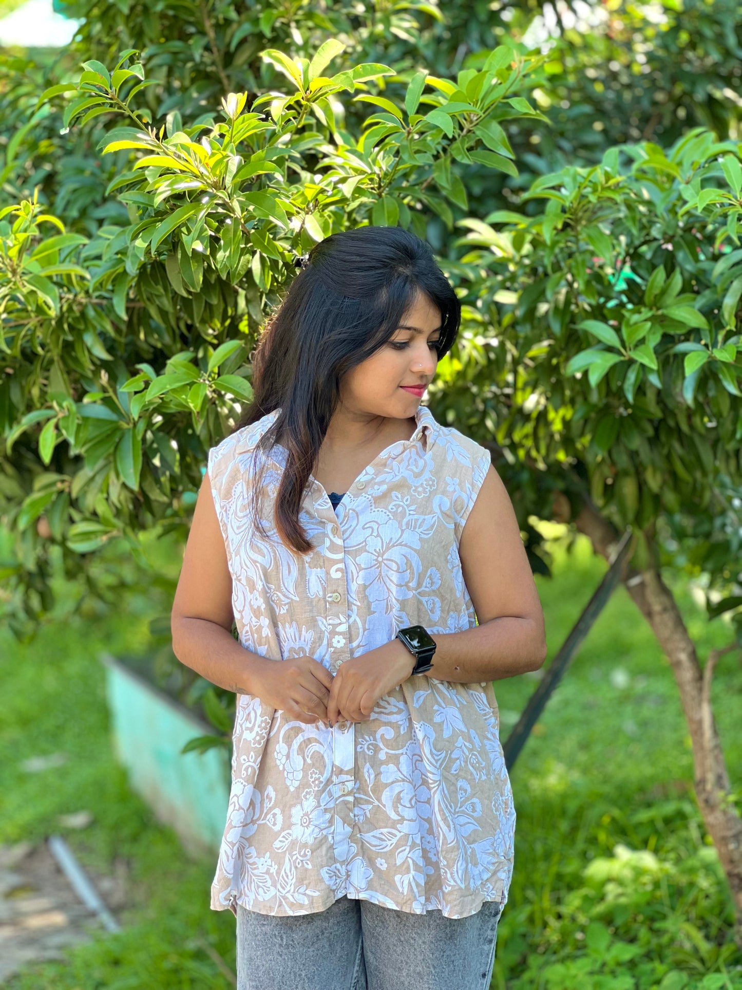 Women’s Cotton Floral Shirt – Sleeveless Casual Top