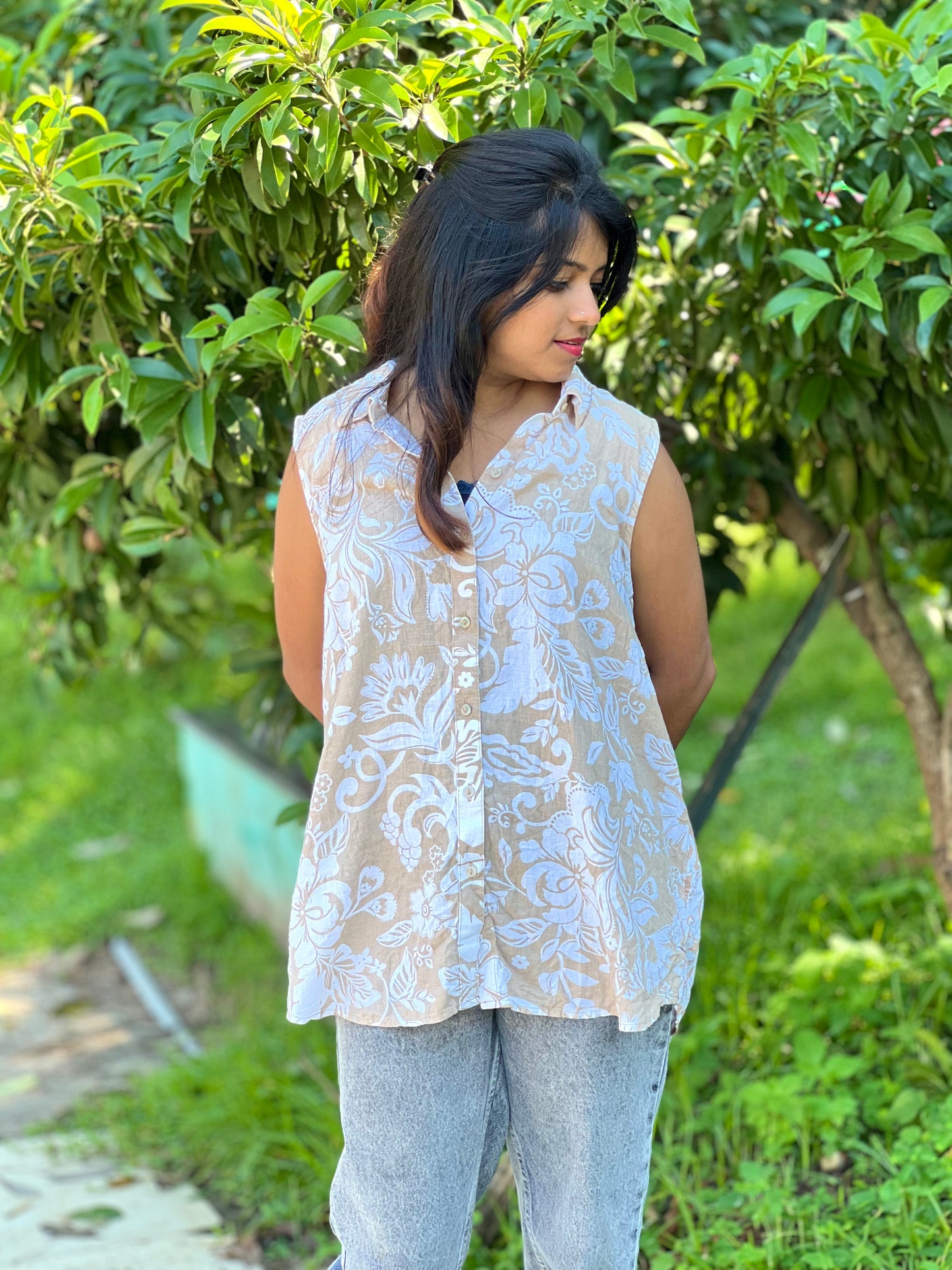 Women’s Cotton Floral Shirt – Sleeveless Casual Top
