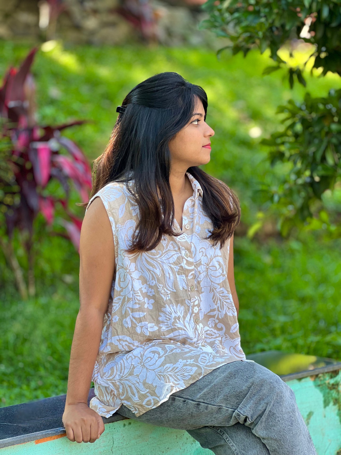 Women’s Cotton Floral Shirt – Sleeveless Casual Top