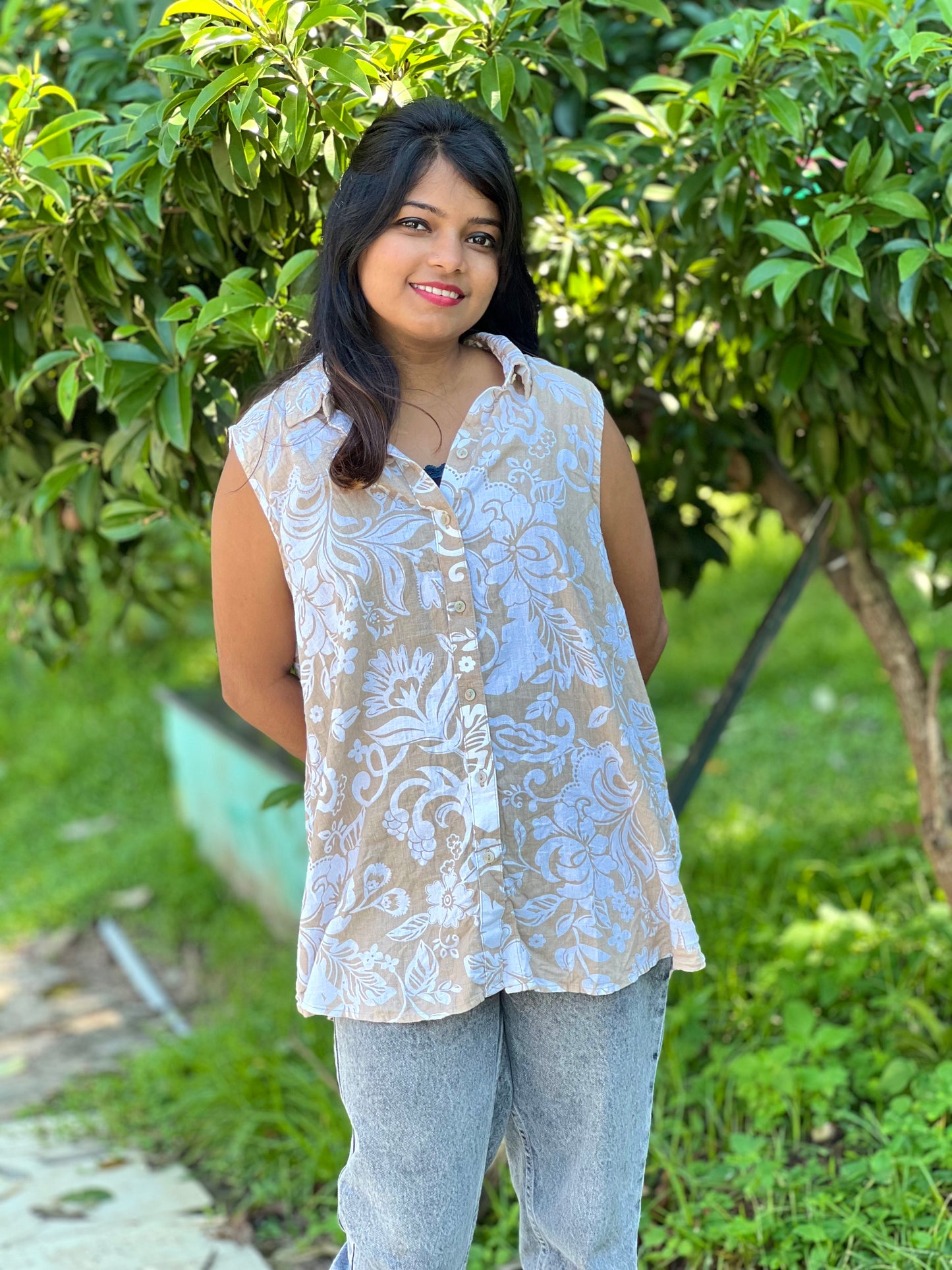 Women’s Cotton Floral Shirt – Sleeveless Casual Top